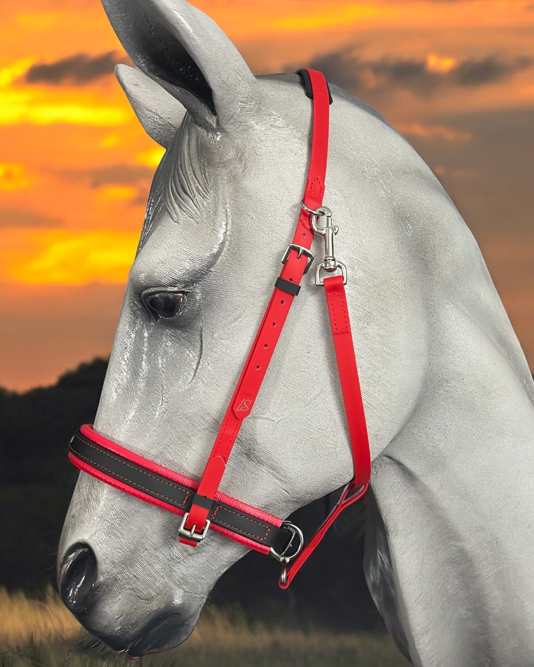 A close-up of a gray horse wearing a red halter with black accents against a sunset sky. The horse's profile is visible, showcasing its features alongside the custom design of the Simplicity Bridle by LS Equestrian.
