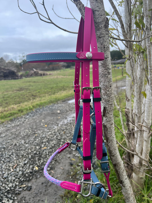 A vibrant LS Deux CrossOver Bridle - Design your own by LS Equestrian, featuring customizable pink and blue straps, is draped over a tree branch. In the background, a gravel path winds through lush greenery beneath a cloudy sky.