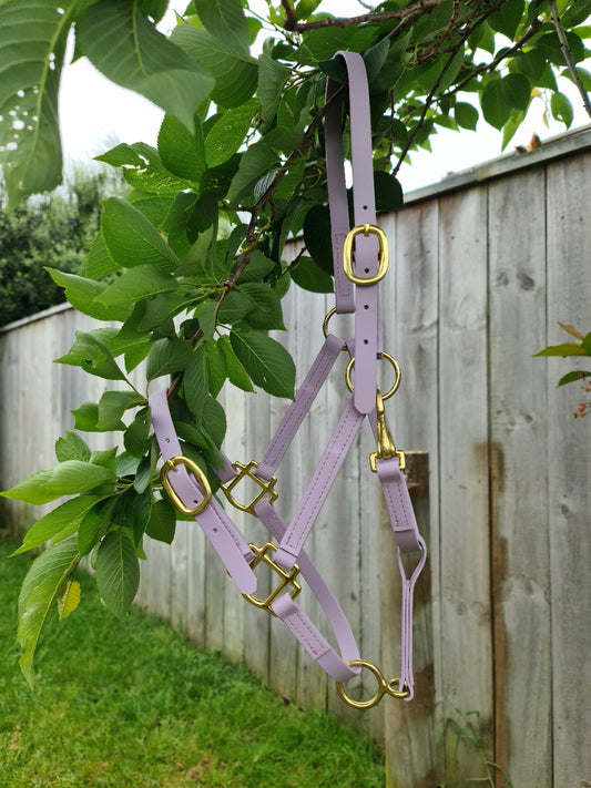 A Lavender LS Equestrian Buckle Halter with brass fittings hangs from a leafy tree branch, set against a wooden fence in a grassy yard.