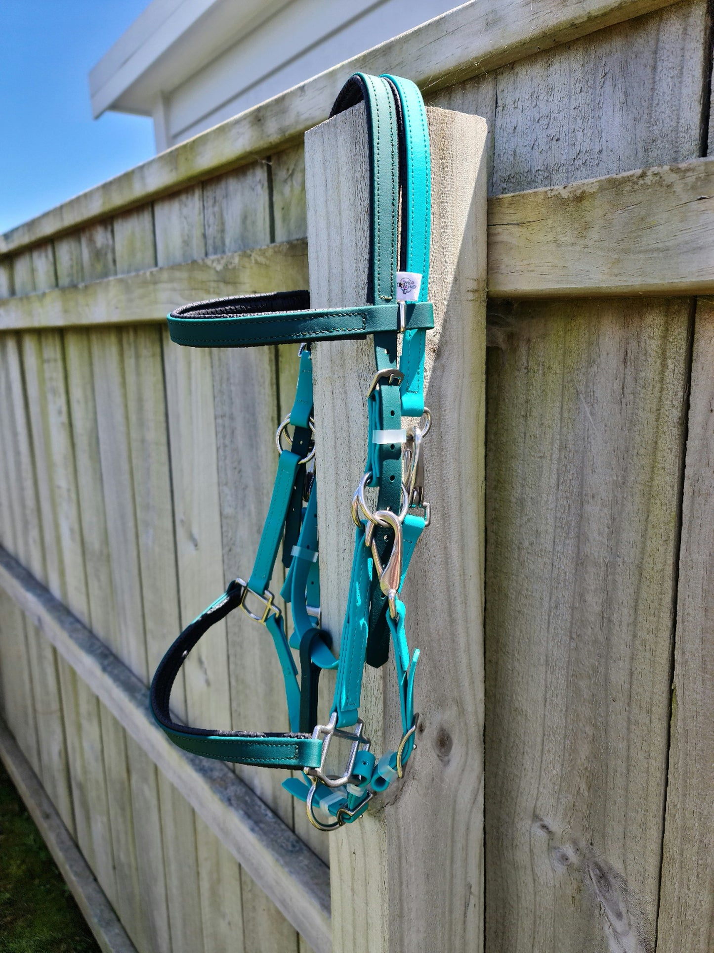 A Hunter Green & Teal Padded LS Enduro Bridle from LS Equestrian hangs on a wooden fence post outdoors, making it perfect for endurance riders. The clear blue sky creates a bright and sunny atmosphere, ideal for training.