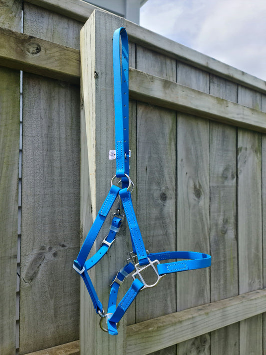 A Halter - Cyan Blue from LS Equestrian hangs on a wooden fence, its stainless steel fittings gleaming under a cloudy sky.