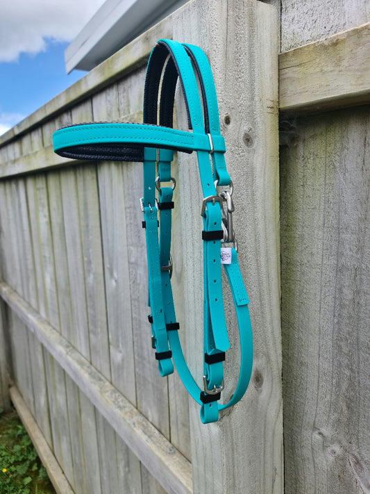 A striking teal Padded Race Bridle from LS Equestrian drapes over a wooden fence beneath a clear blue sky.