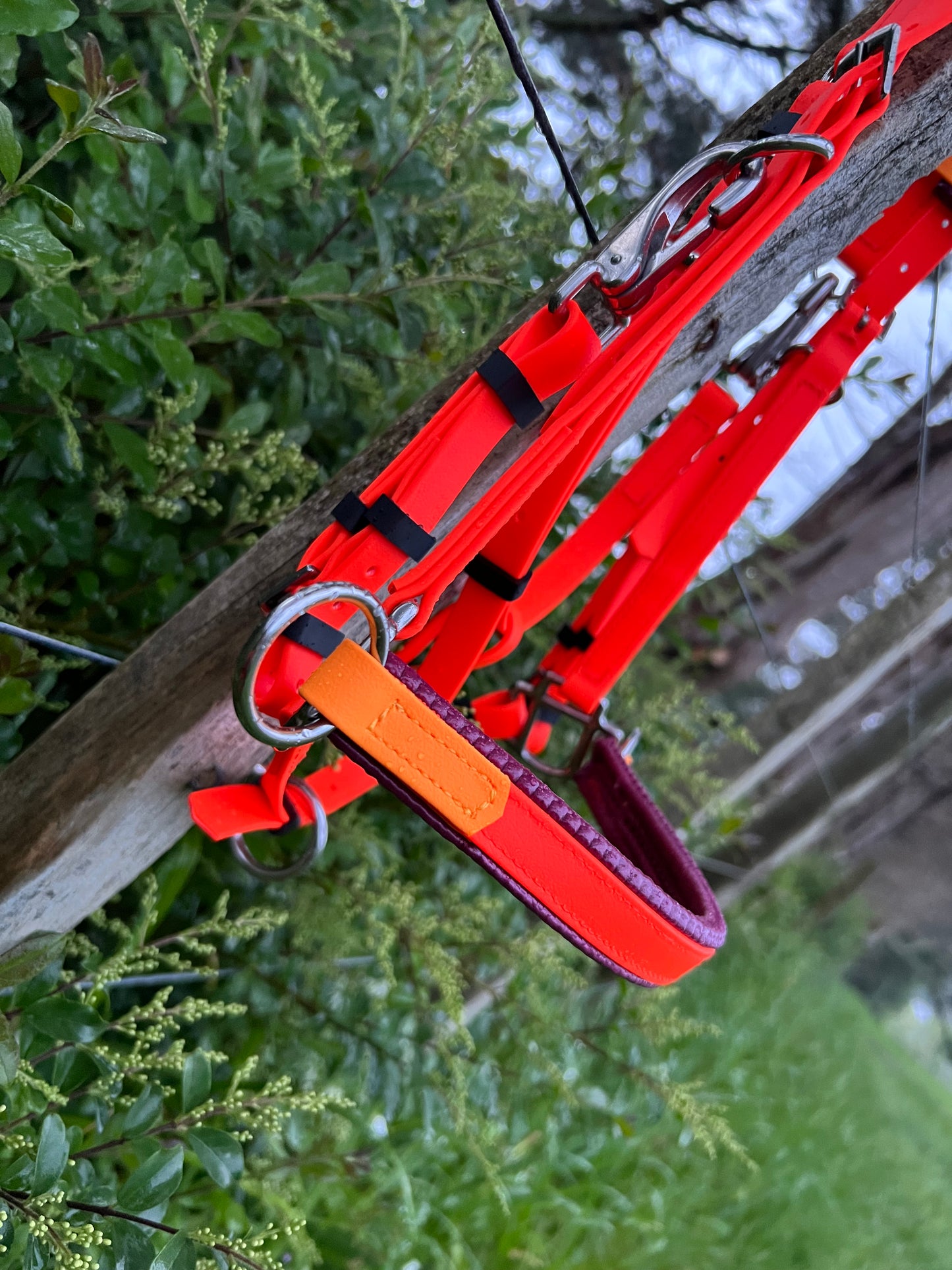 An LS Equestrian 3 in 1 Bridle in bright orange with pastel orange and maroon padding hangs on a wooden fence post amid lush green foliage.