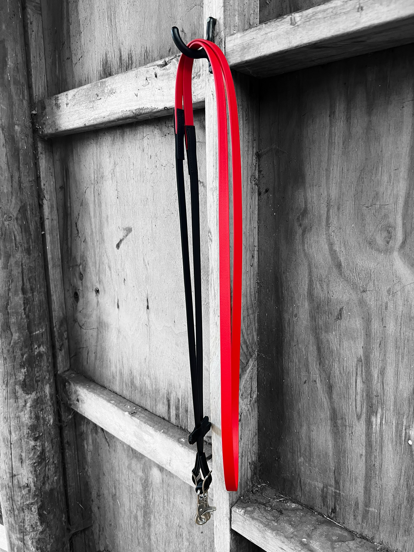 Two leashes hang from a wooden wall. One is black, while the other is a vibrant red BioThane® rein from LS Equestrian's None Split Reins collection, maintaining its color against the grayscale background and creating a striking contrast.