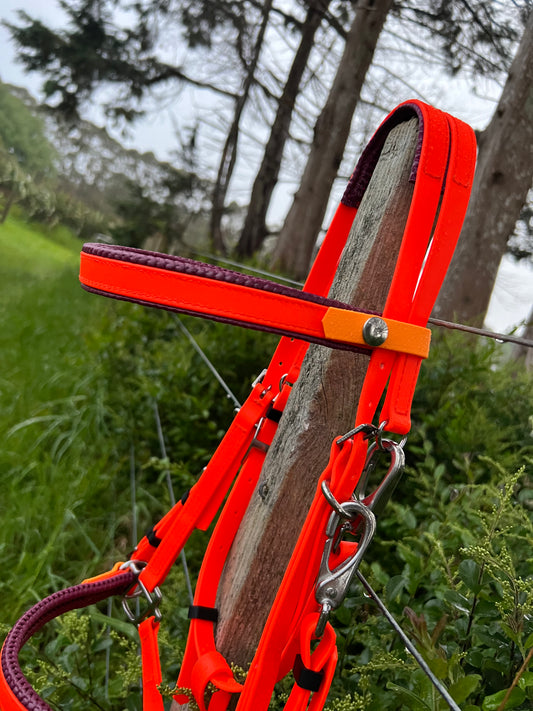 An LS Equestrian 3 in 1 Bridle featuring bright orange, pastel orange, and maroon padding hangs on a wooden post amidst lush greenery. Its vibrant colors and custom details stand out against the natural backdrop.