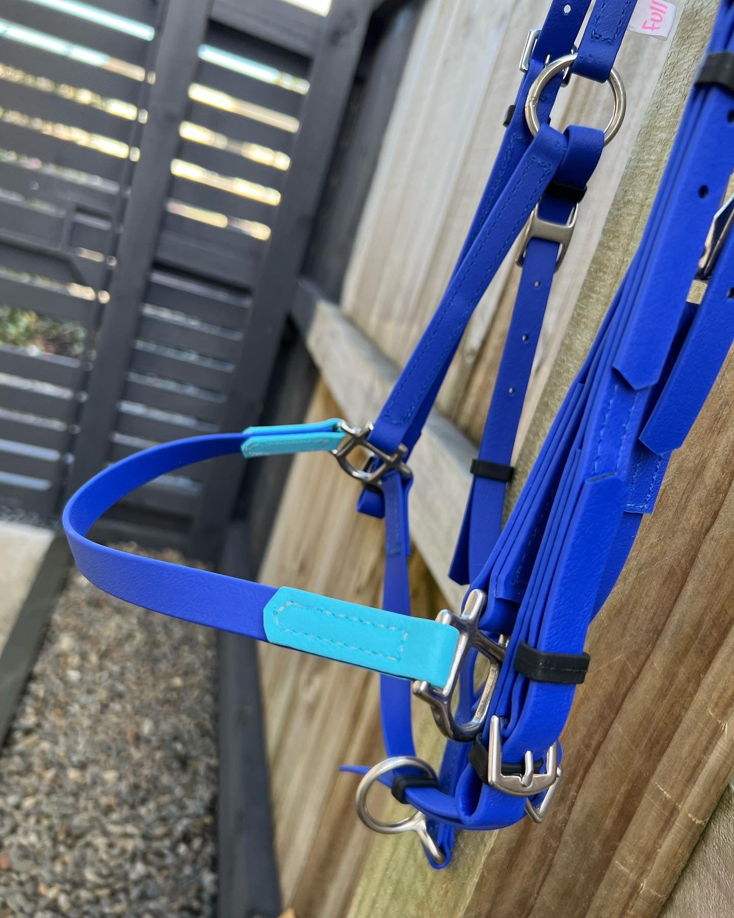 A vibrant LS Deux Bridle in Royal Blue and Light Blue from LS Equestrian, featuring adjustable straps and metal rings, hangs on a wooden fence next to a dark slatted fence. Pebbles scattered below conjure an ideal setting for endurance riding.
