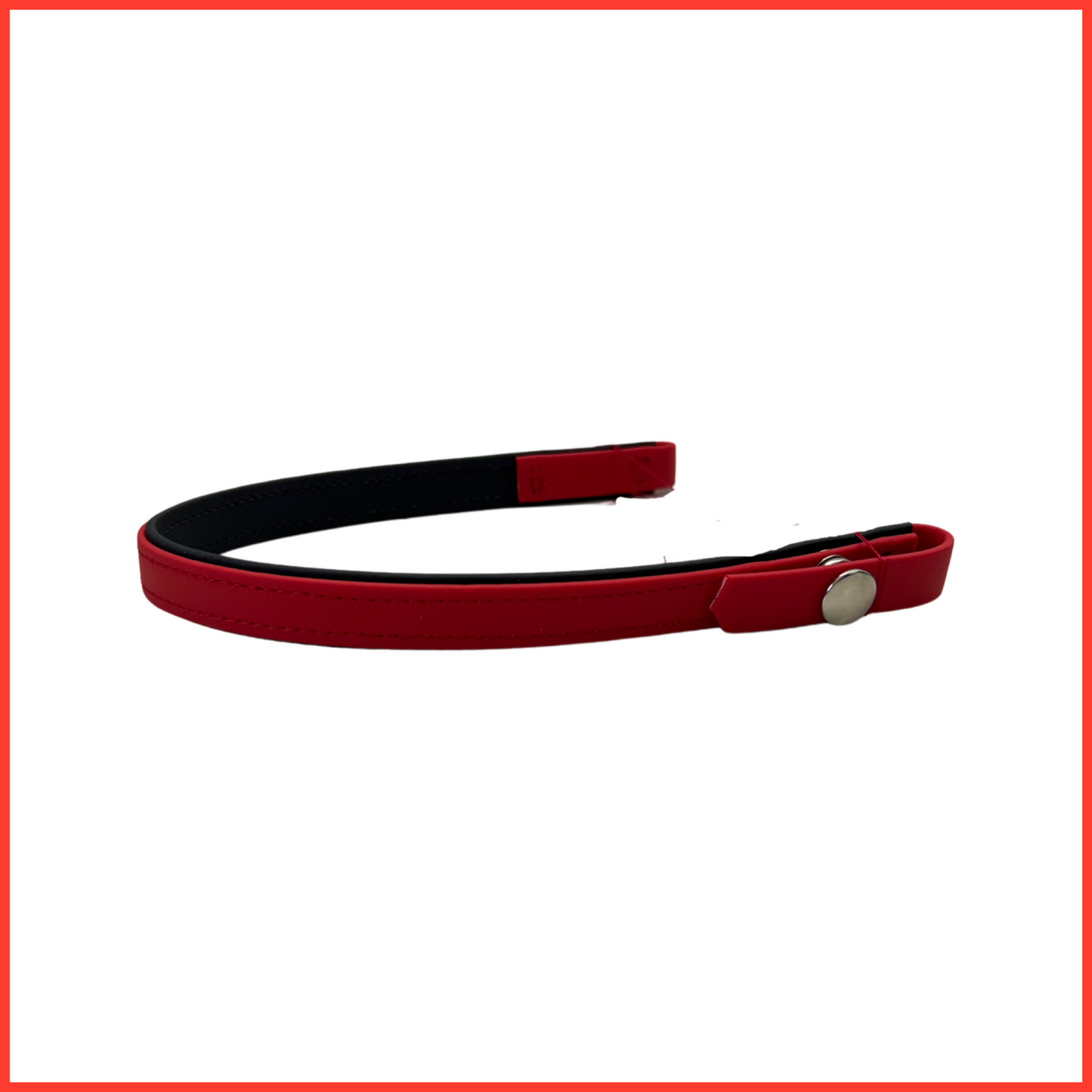 Displayed on a white background, the red leather wristband with a black interior and silver button clasp mirrors the sleek design of LS Equestrian's Dome Snap Browband - Design your Own.