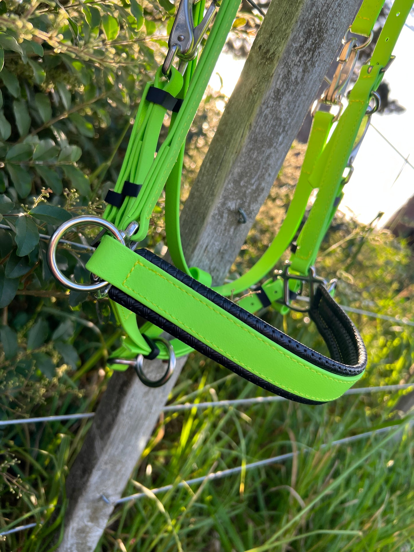 An Apple Green 3 in 1 Bridle by LS Equestrian, featuring contrasting black trim, hangs elegantly on a wooden post near a fence, enveloped by lush greenery and grass.