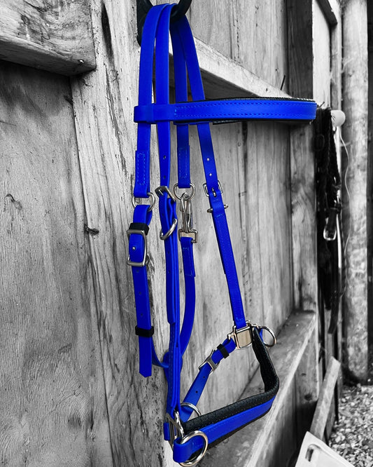 A striking LS Equestrian Bitless Sidepull Bridle in Royal Blue (model BU522) hangs against a rustic wooden wall, showcasing its custom-made BioThane® padded side pull bitless design. The bridle’s buckles and straps are prominently highlighted against the black and white background.
