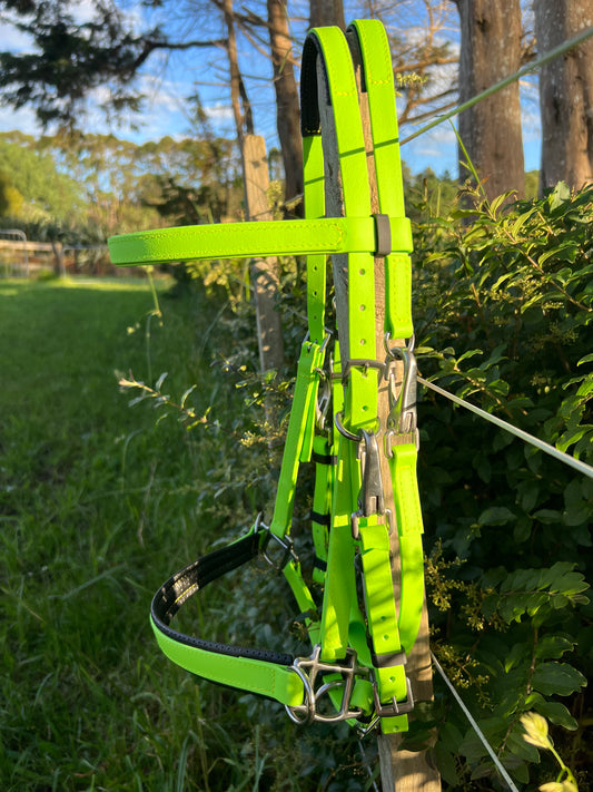 An LS Equestrian 3 in 1 Bridle in Apple Green with metal buckles hangs on a wooden fence post, surrounded by lush greenery and trees against a clear blue sky, highlighting its custom design amidst nature's beauty.