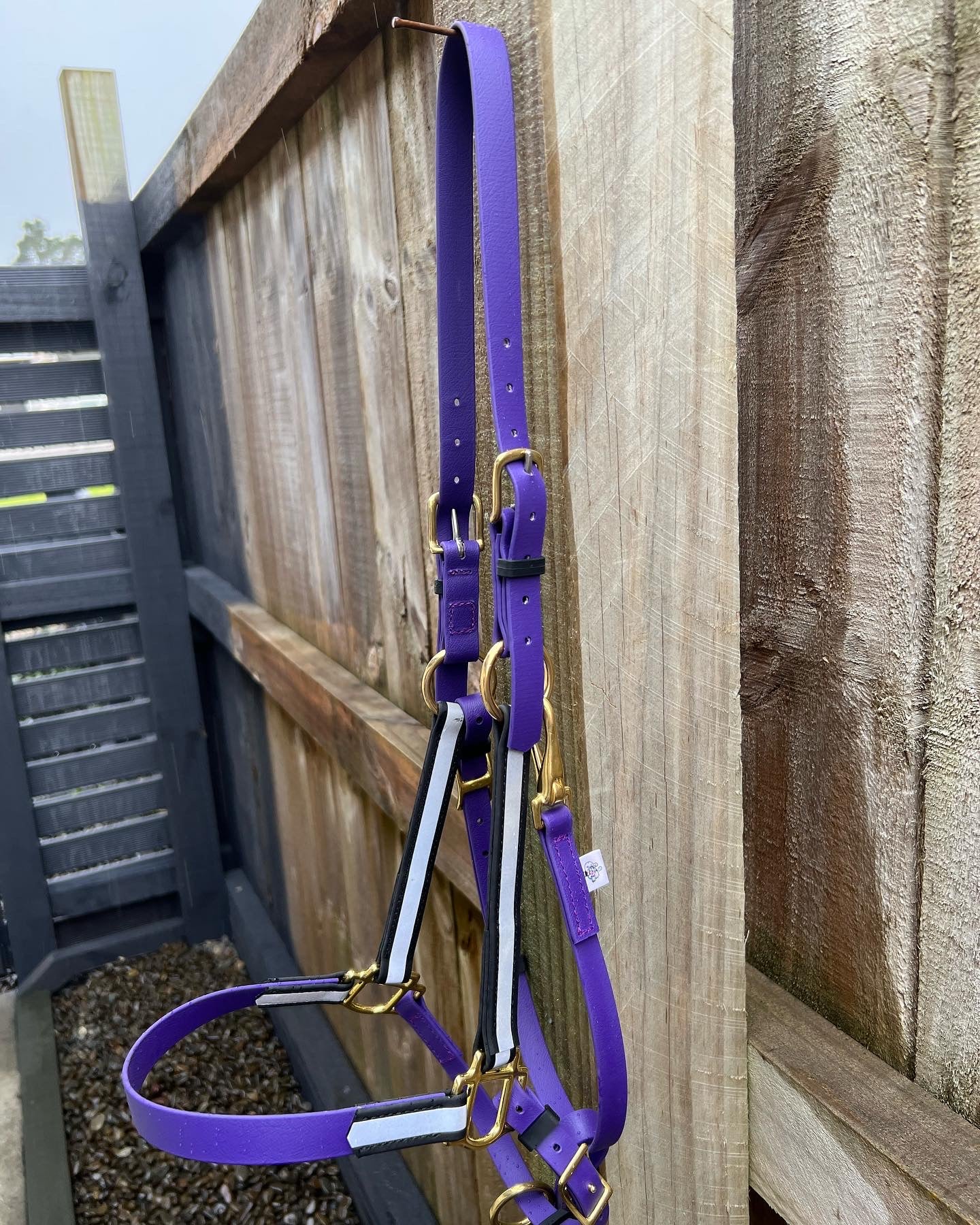A purple Reflective LS Deux Bridle with brass fittings hangs on a wooden fence. The fence, crafted from natural wood planks, showcases a modern, dark gray color on the other side. Gravel covers the ground below, adding rustic charm to the scene.