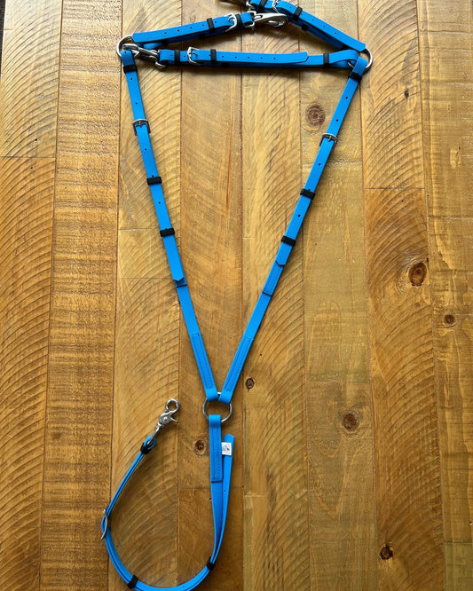 A customizable dog harness from LS Equestrian, featuring a stainless steel-equipped harness with a BioThane breastplate for added durability, is arranged in a triangular shape on a wooden surface.