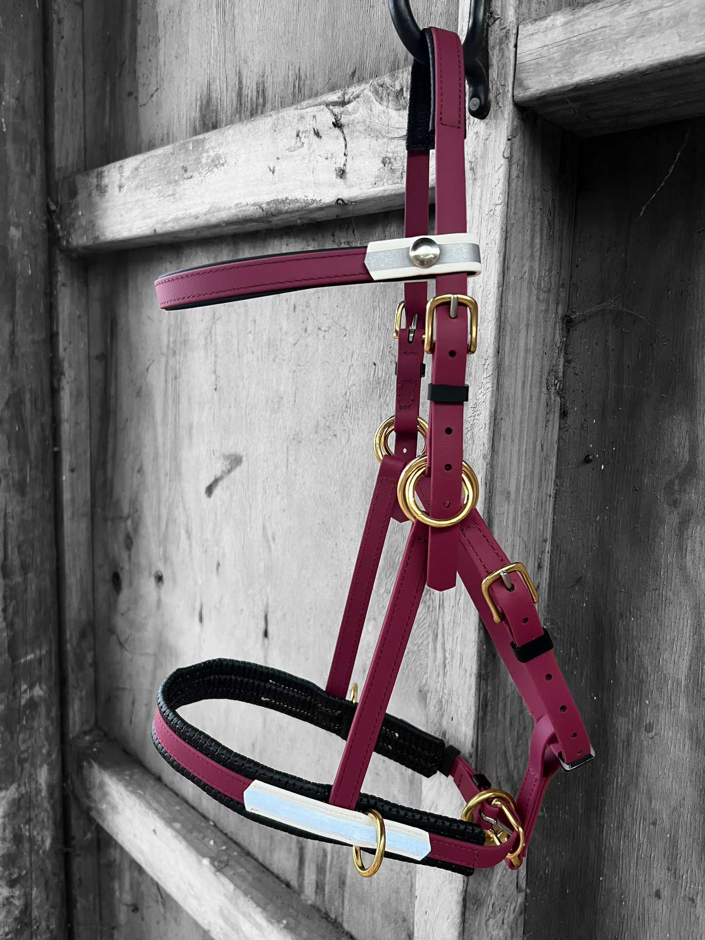 A wine-colored and white reflective LS Equestrian Reflective Multi Bridle is displayed on a wooden wall. This bridle, reminiscent of a bitless bridle, showcases adjustable straps and metallic accents.