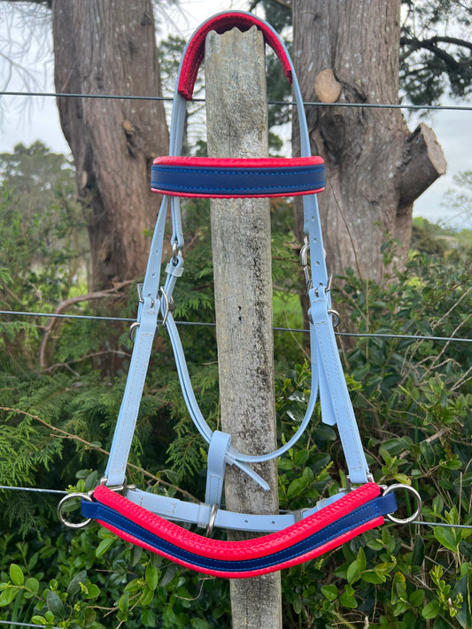 Side Pull Bitless Bridle - Pastel Blue, Navy & Red padding