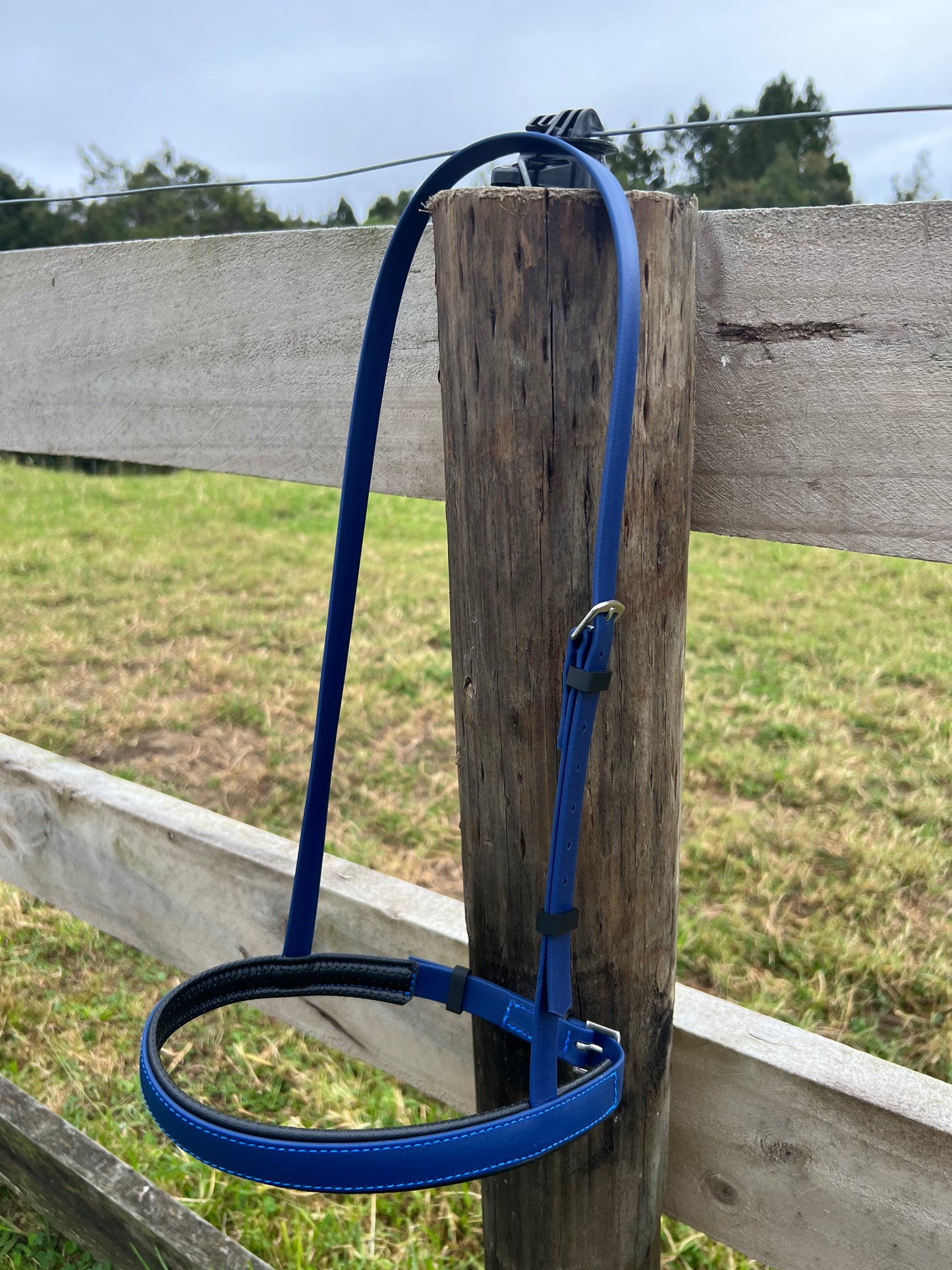 An LS Equestrian bridle, featuring a Design Your Own - Padded Cavesson Noseband in blue and black leather, hangs on a wooden fence post in a grassy field. Trees can be seen in the background under a cloudy sky.