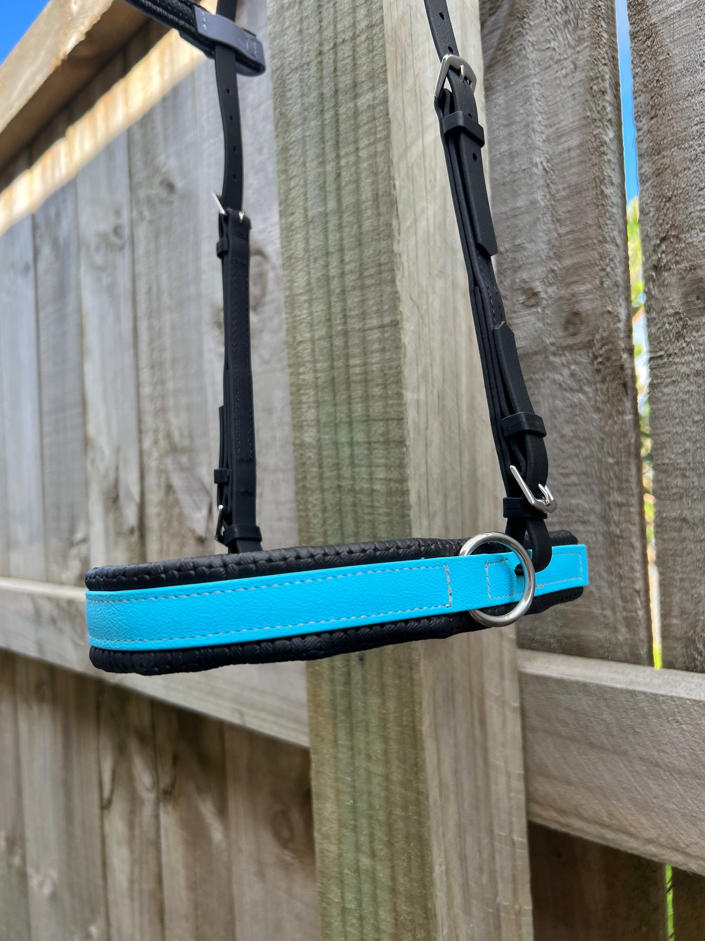 A Biothane®️ bitless nose converter in turquoise and black, designed by LS Equestrian, adorns a wooden fence under a clear blue sky.