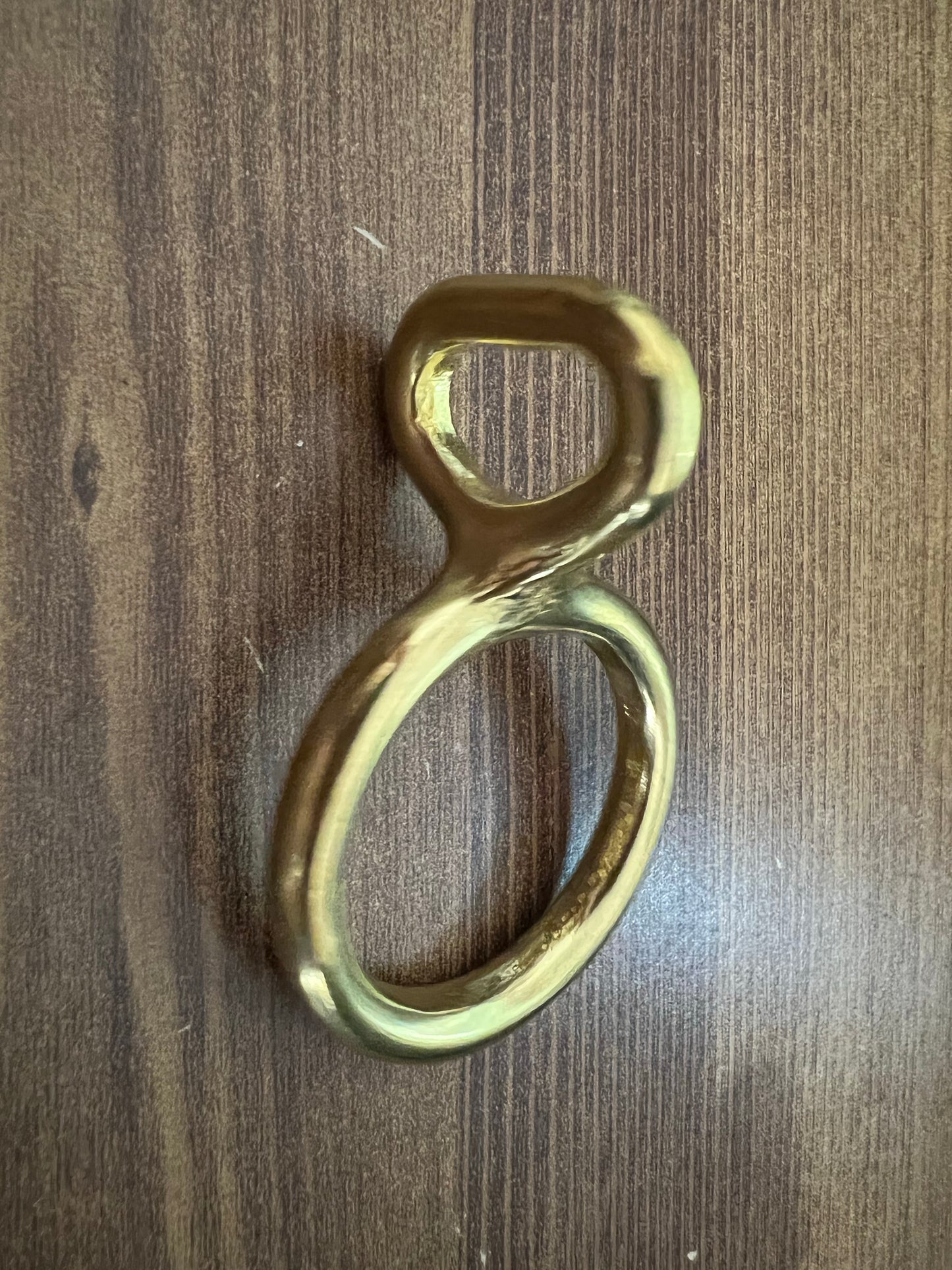 A golden, elegant Fixed Loop & Ring by LS Equestrian rests on a wooden surface, its curved edges glinting softly.