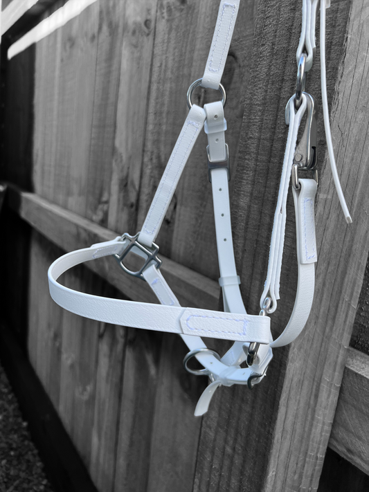 A custom-made LS Equestrian Halter in white hangs on a wooden fence. The background is slightly blurred, drawing attention to the leather straps and metal buckles of the LS Enduro range bridle.