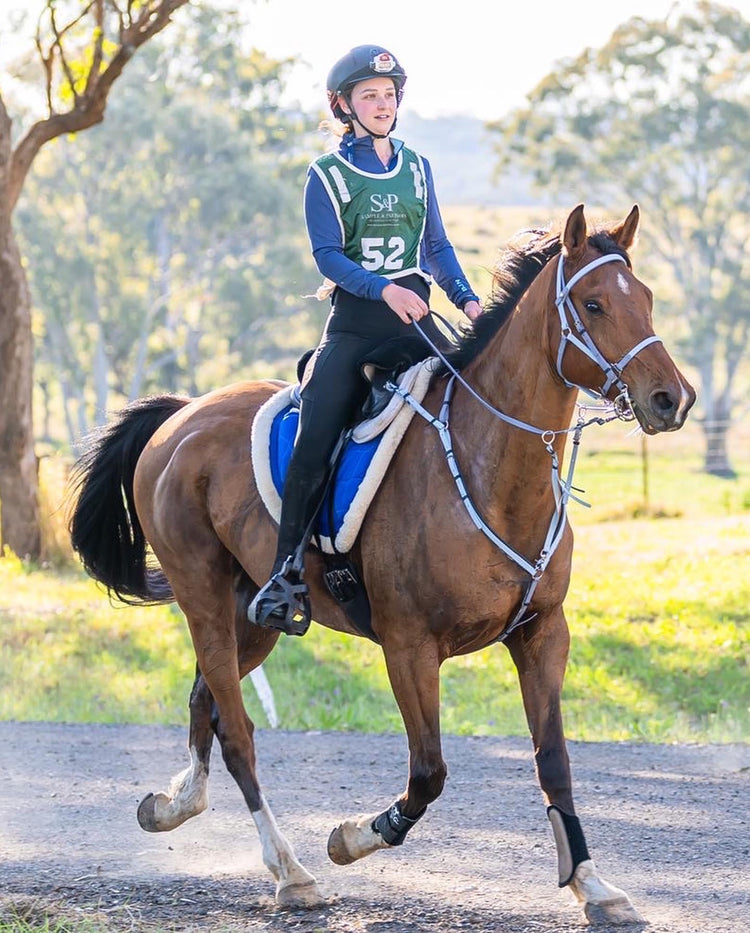 A person wearing a helmet and green numbered vest rides a brown horse on a path. The background features trees and grass under bright, sunny skies.