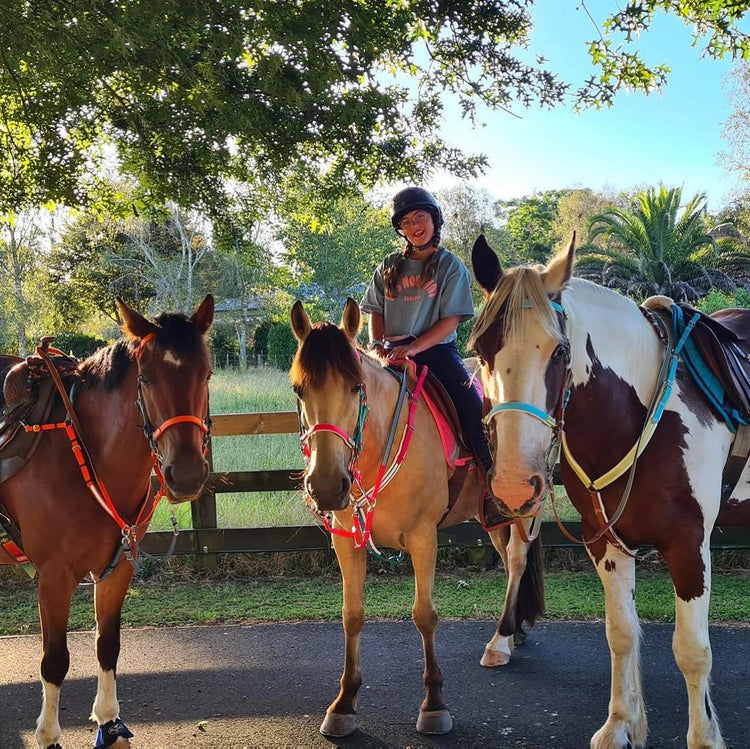 Person in a helmet sits on a horse, smiling, surrounded by two other horses. They are on a paved path with a wooden fence and trees in the background, under a clear blue sky.