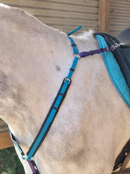 A close-up of a horse adorned in LS Equestrian's Padded Breastplate in Lagune blue and purple BioThane tack. The horse, with its light coat, stands against a backdrop featuring a wooden structure and corrugated metal panels.