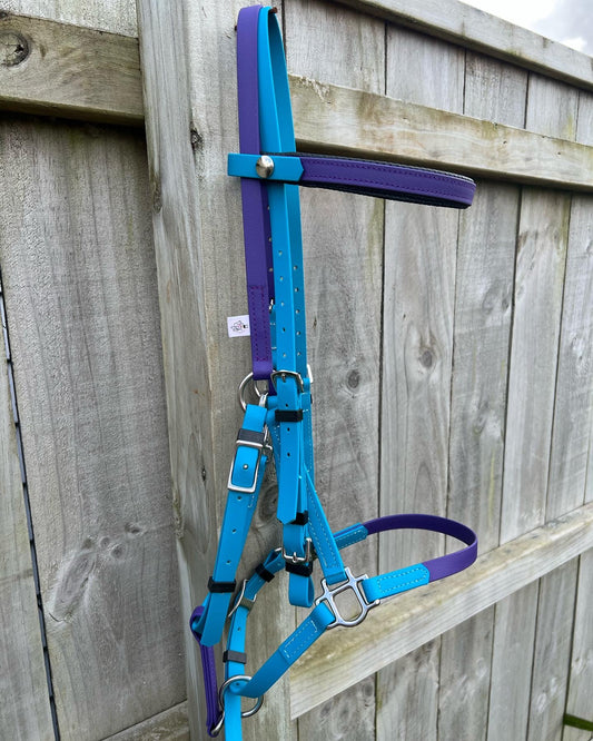 A vibrant horse halter with purple and blue straps hangs on a wooden fence, reminiscent of the LS Deux Bridle by LS Equestrian. The halter features silver hardware and multiple adjustment holes, while the weathered wood enhances the rustic setting.