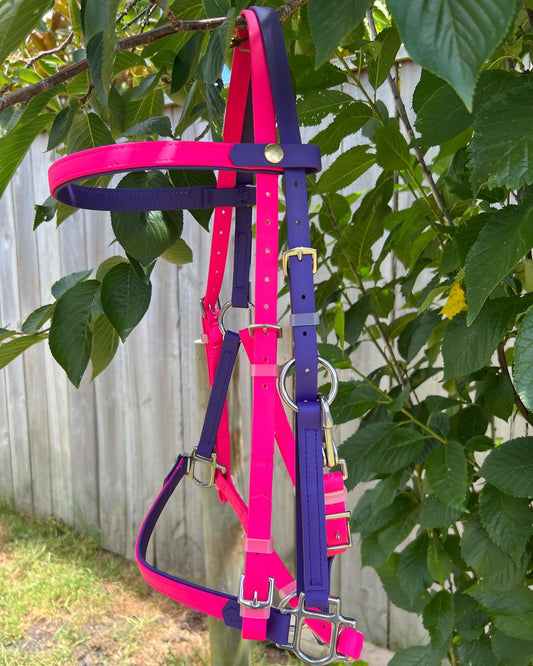 An LS Equestrian Deux Bridle Double Layered in pink and purple is draped over a tree branch. This robust bridle, perfect for endurance riding, is highlighted by shiny silver buckles and adjusters amid a setting of green leaves and a wooden fence.