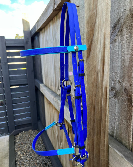 A royal blue LS Equestrian Deux bridle is hanging on a wooden fence. Ideal for endurance riding, it features metal buckles and light blue accent straps. In the background, the sky is blue with gravel scattered below the fence.